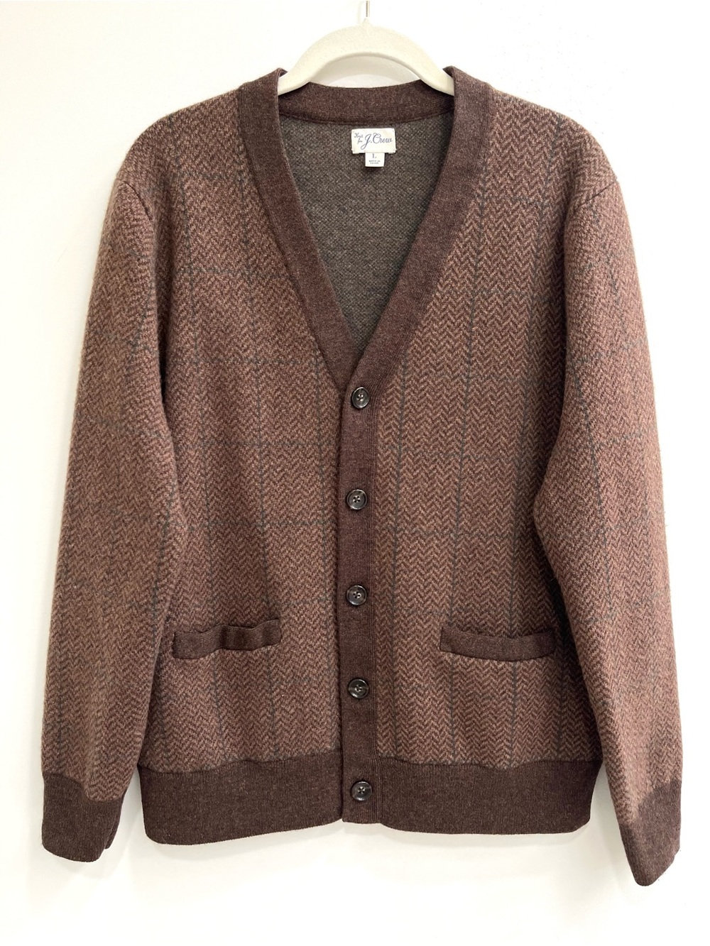 J.Crew Wool brown herringbone jacquard V-neck cardigan sweater men’s large